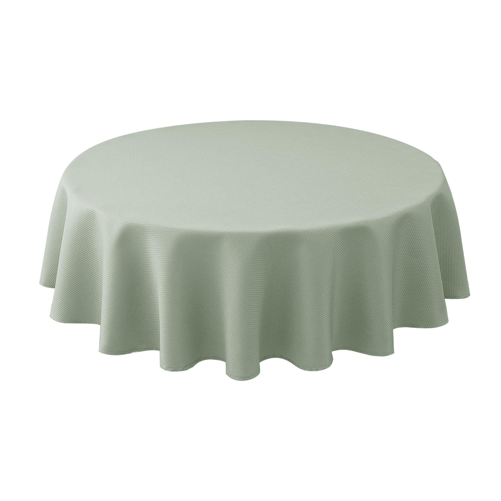 Biscaynebay round tablecloth on table in sage elevates dining ambiance and surface protection.