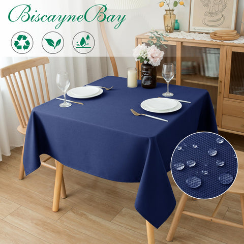 Biscaynebay navy water-resistant tablecloth beads liquids for easy cleanup.