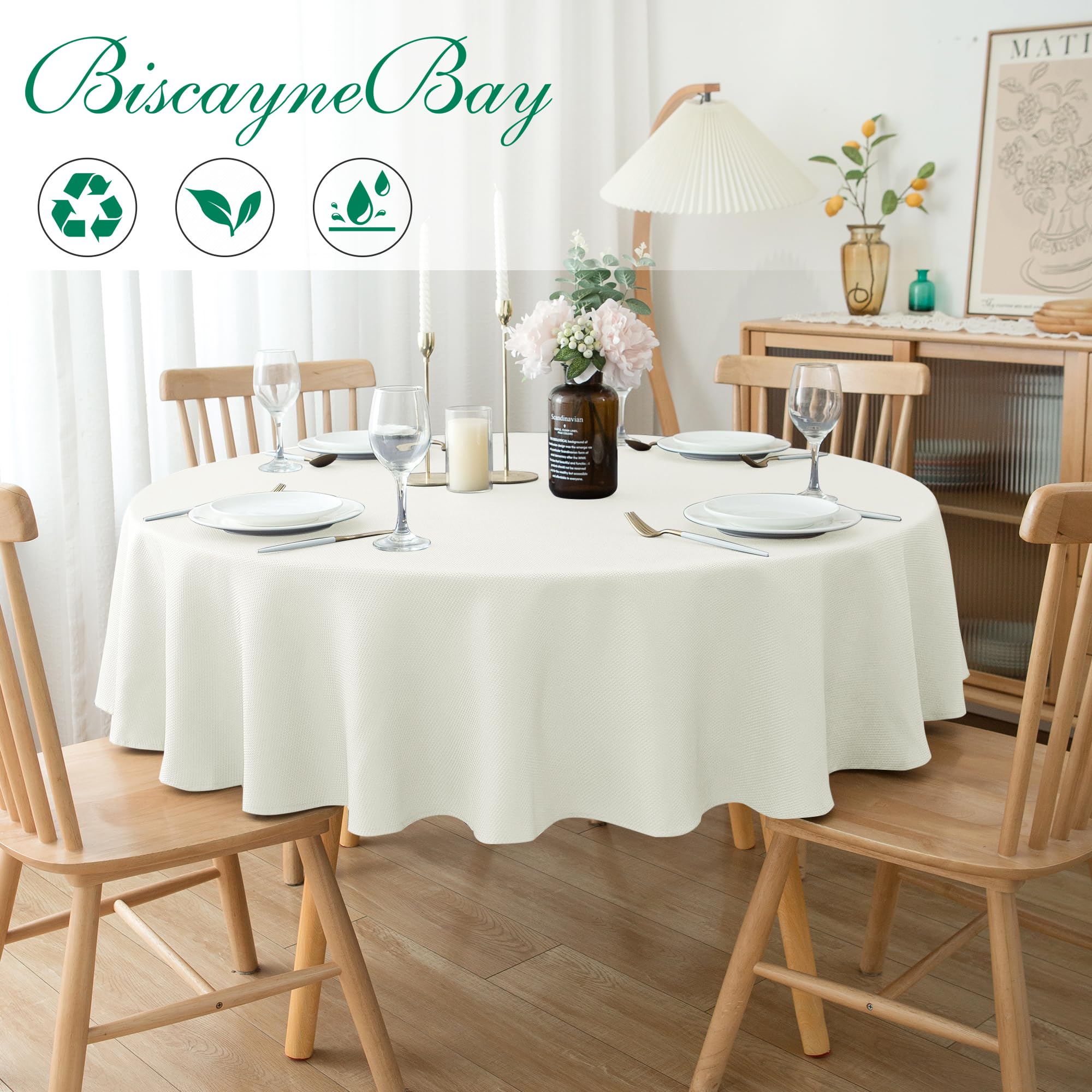Biscaynebay textured round tablecloth 70 ivory closeup fabric highlights premium weave