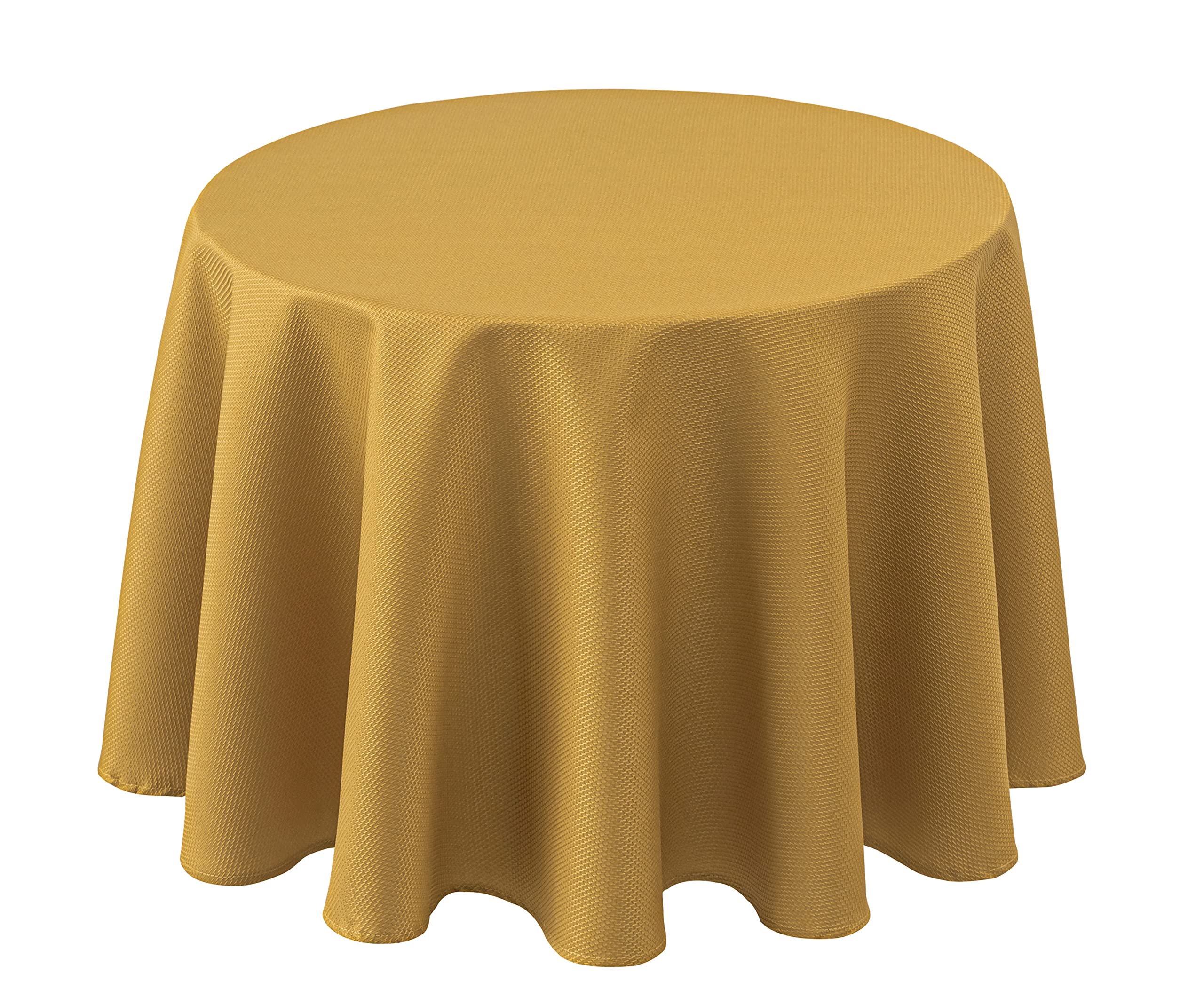 Biscaynebay textured round tablecloth in gold offers water resistance for easy cleanup.
