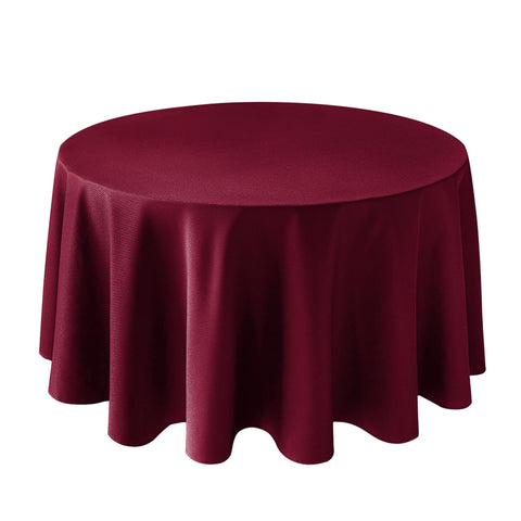 Biscaynebay textured round tablecloth in burgundy showing durable, water-resistant fabric for easy care.