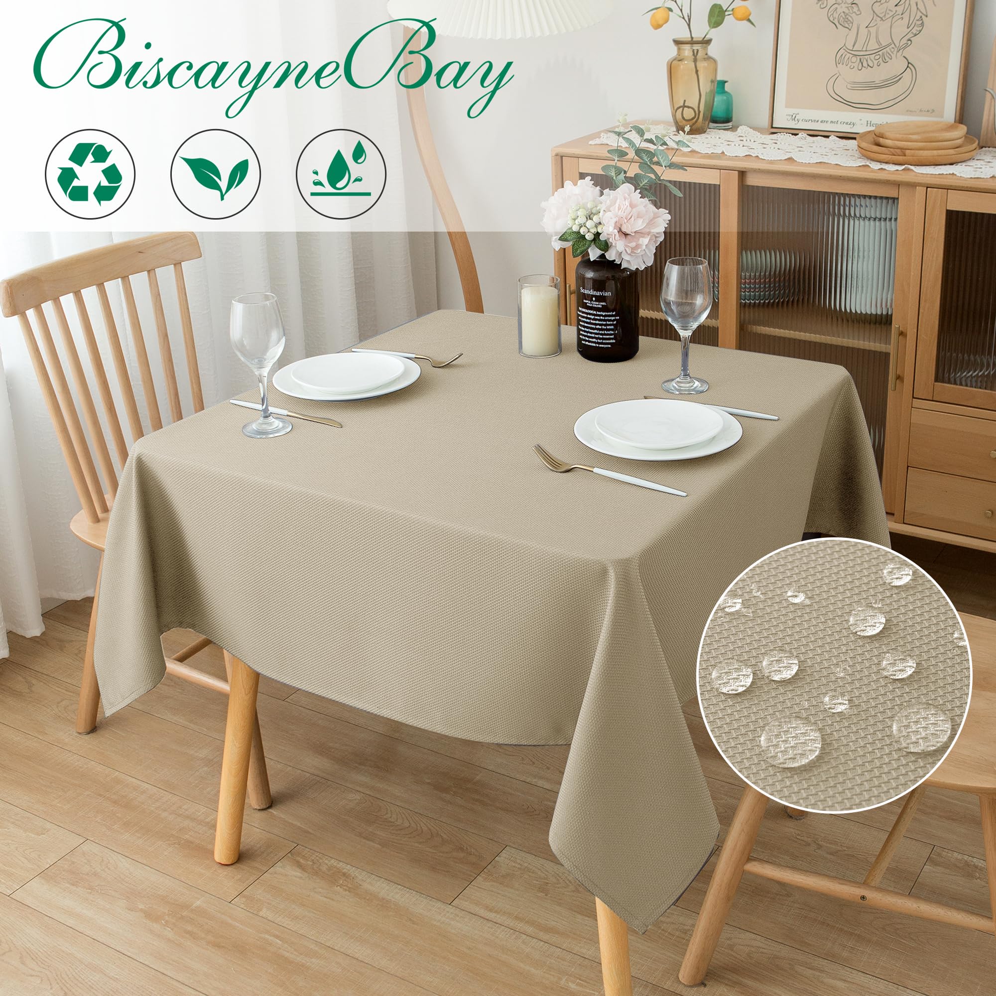 Biscaynebay water-resistant tablecloth protects surfaces with beads of liquid.