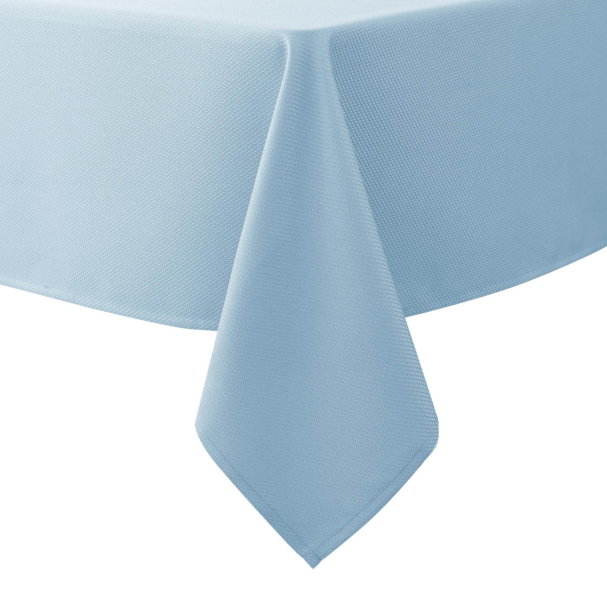 Biscaynebay textured tablecloth in light blue adds elegance to dining setups.
