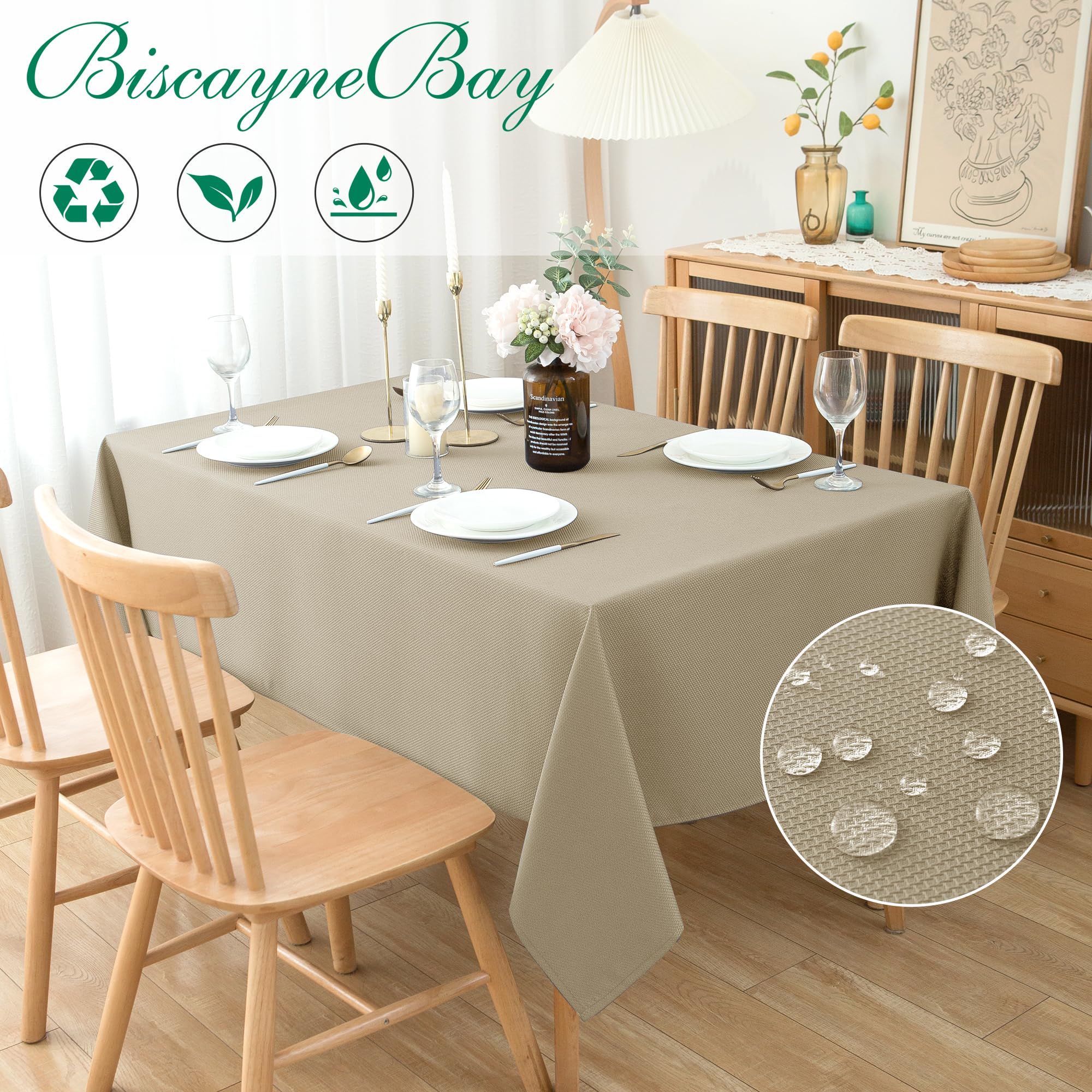 Biscaynebay textured tablecloth close-up shows water-resistant surface beads liquids.