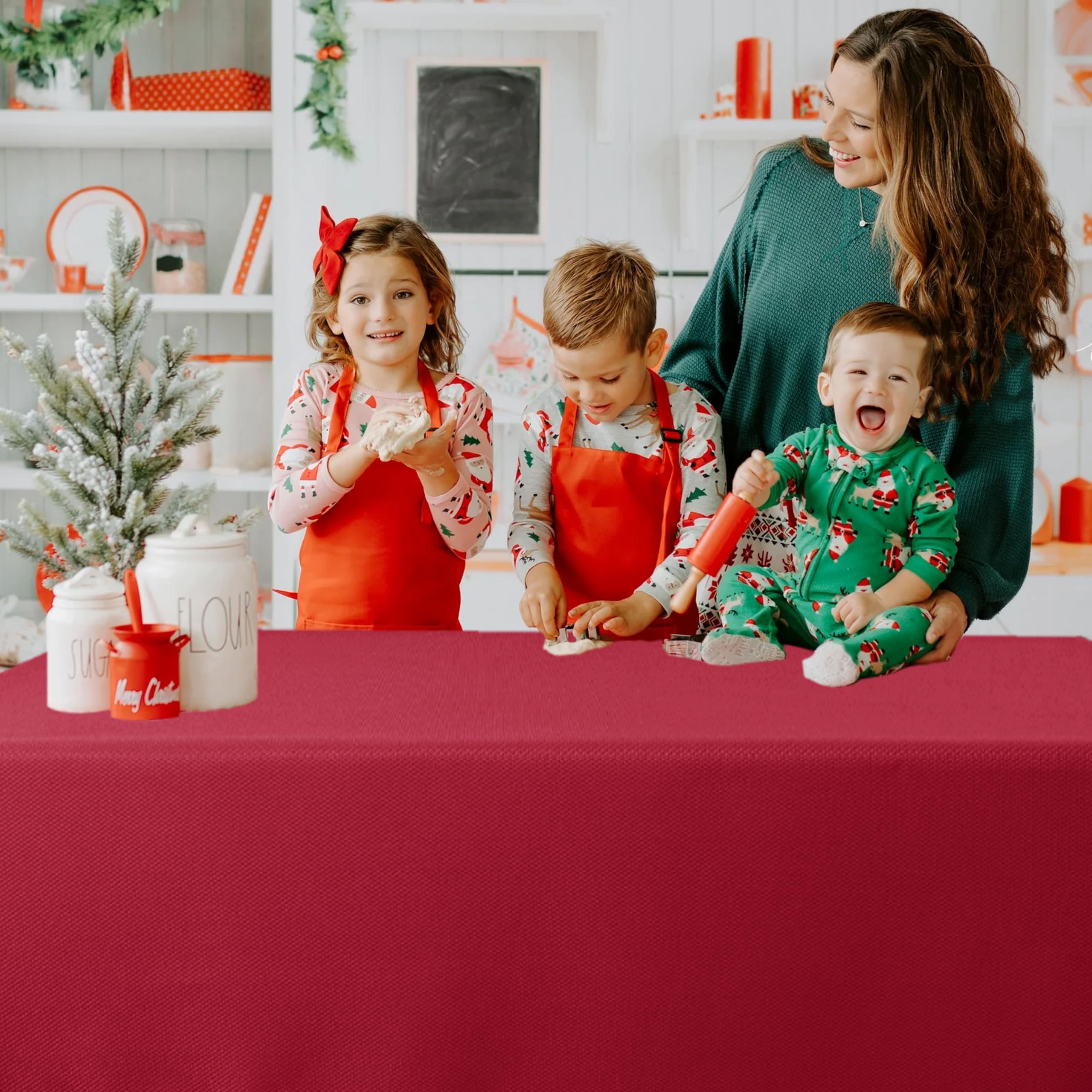 Biscaynebay textured tablecloth on table demonstrates generous 70x108 size for large settings