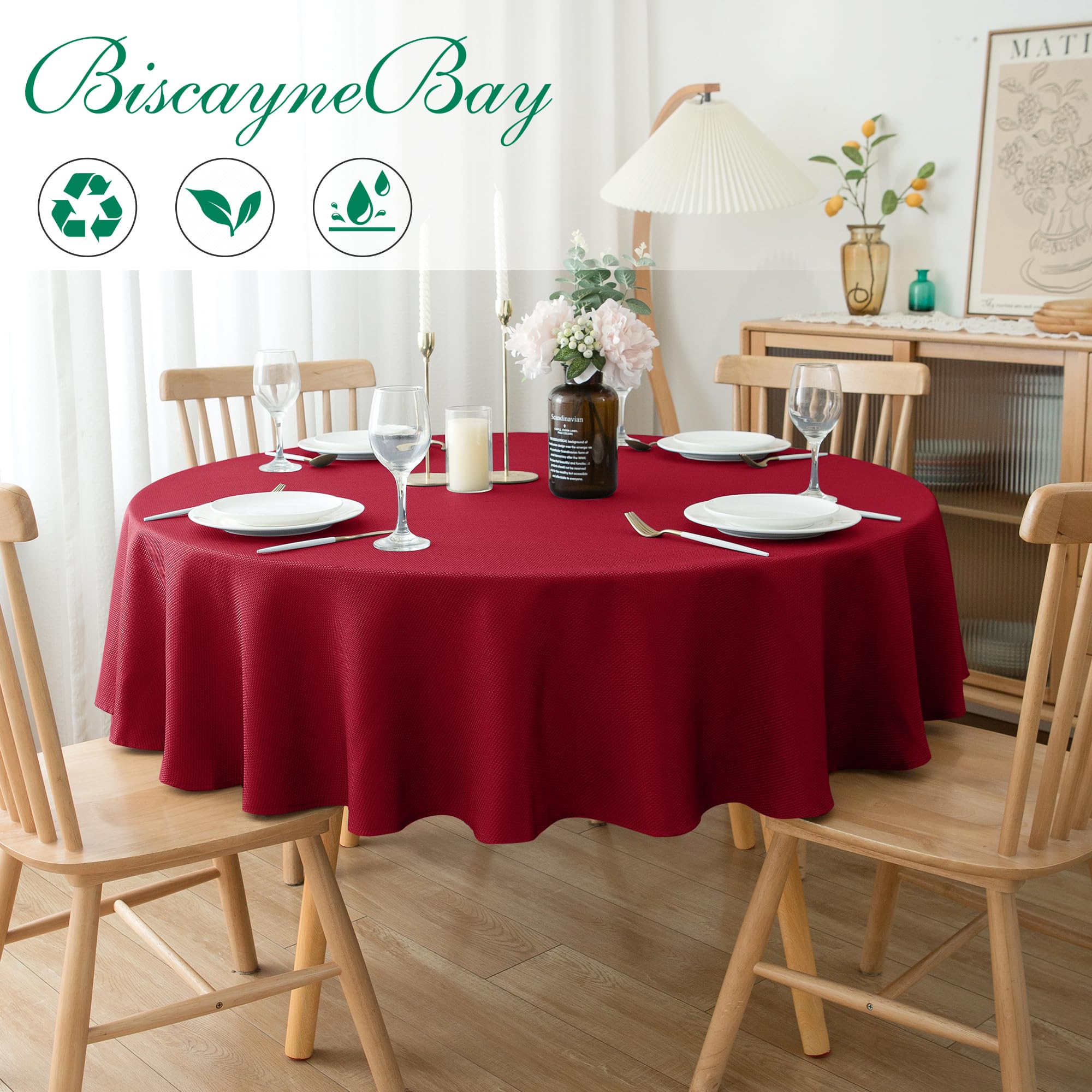 Biscaynebay water-resistant round tablecloth in red for spills protection.
