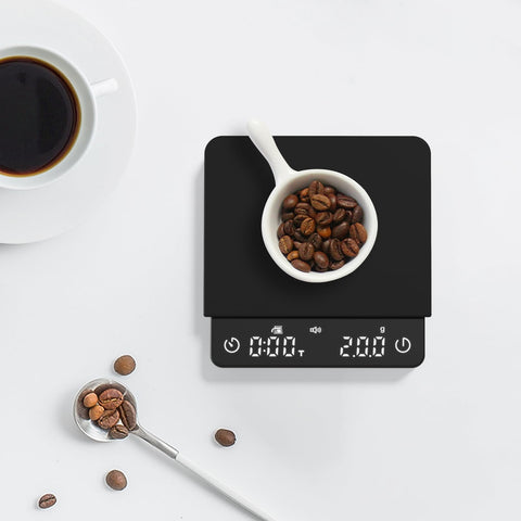 Bitamom Mini Coffee Scale in use with espresso shot timing.