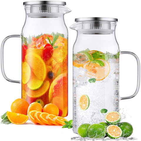 Bivvclaz 2L glass pitcher with lid and handle for easy pouring and fridge storage.