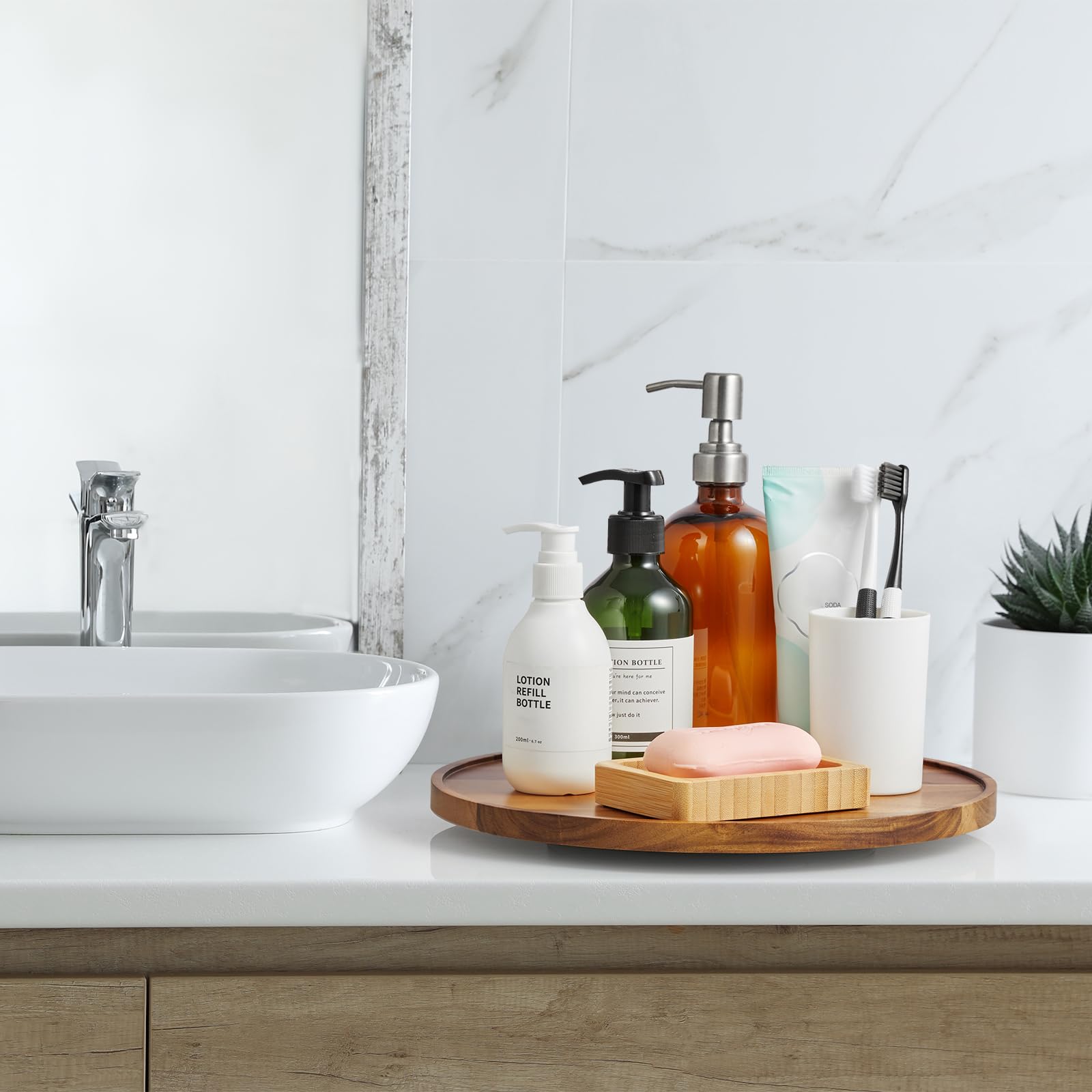 Bivvclaz Acacia Lazy Susan oils and condiments neatly arranged for easy access