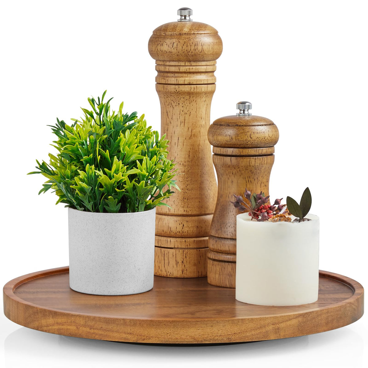 Bivvclaz acacia lazy susan turntable with smooth rotation for easy serving.