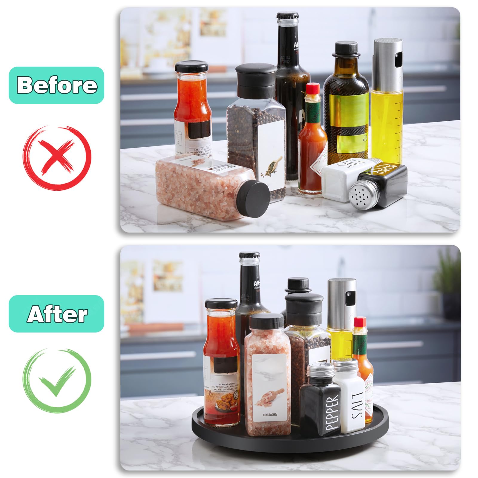 Bivvclaz Lazy Susan showing spice bottles organized and visible