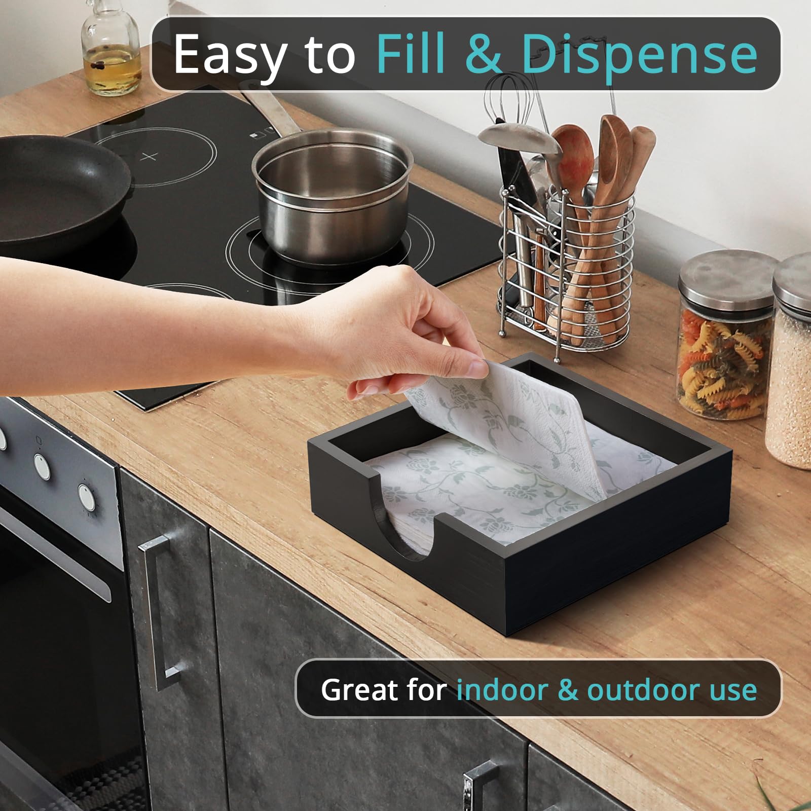 Bivvclaz napkin dispenser on kitchen counter helps keep surfaces tidy.