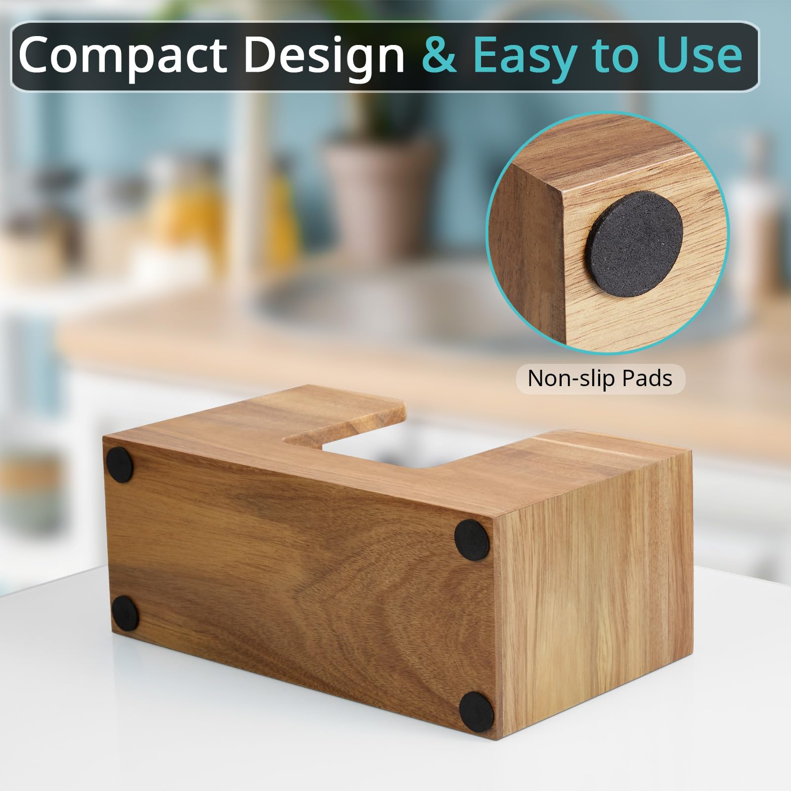Bivvclaz napkin holder in acacia wood, countertop setup for easy access