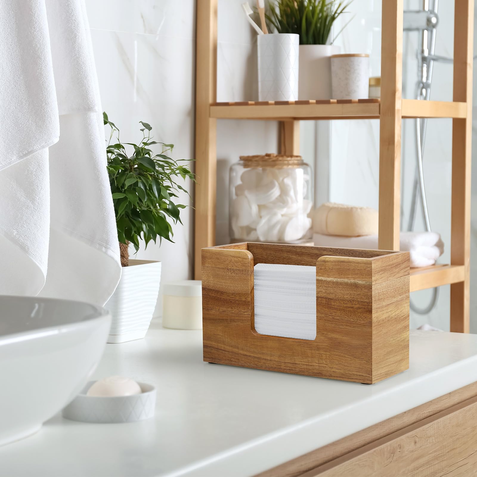 Bivvclaz paper towel dispenser in acacia wood, drawer-open view for quick grab