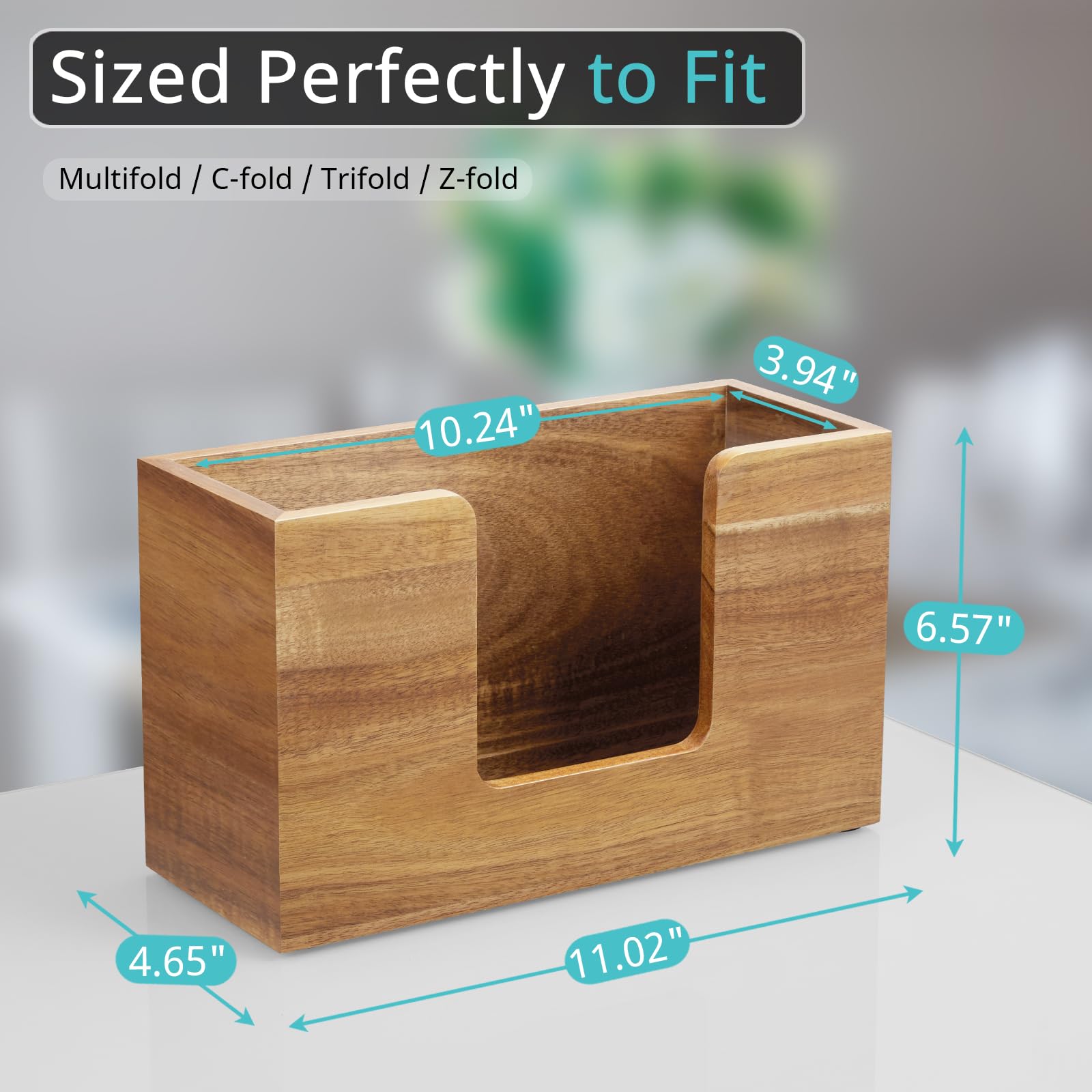 Bivvclaz paper towel dispenser in acacia wood, top view shows compact countertop design