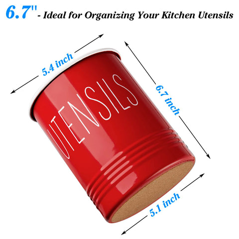 Bivvclaz red utensil crock with cork bottom protects countertops and prevents slips during prep