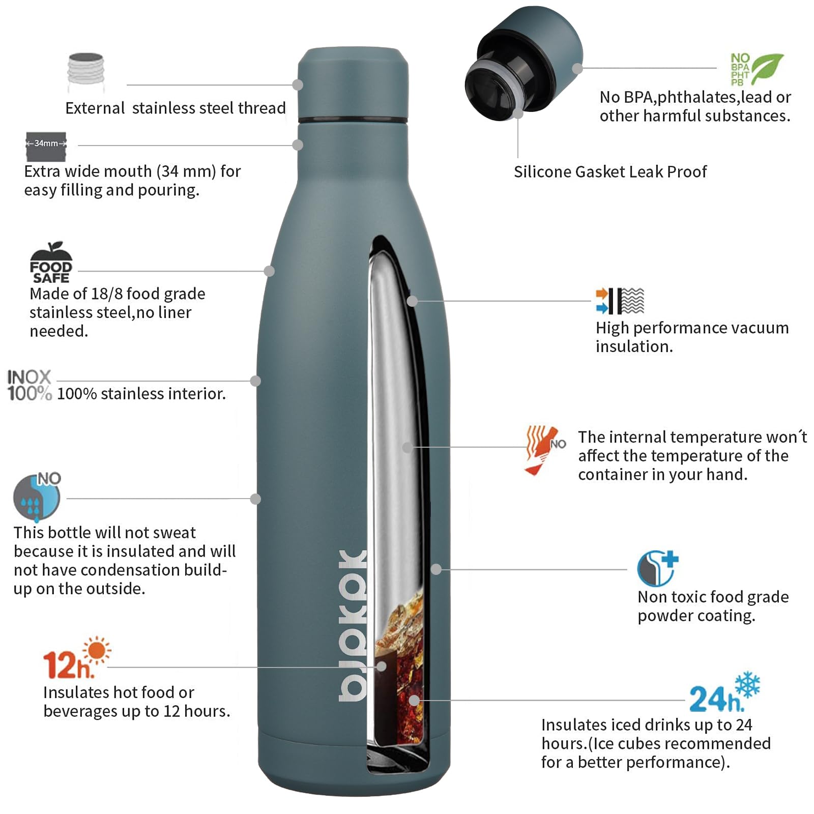 BJPKPK 18-8 stainless steel bottle resists rust and maintains purity during daily use