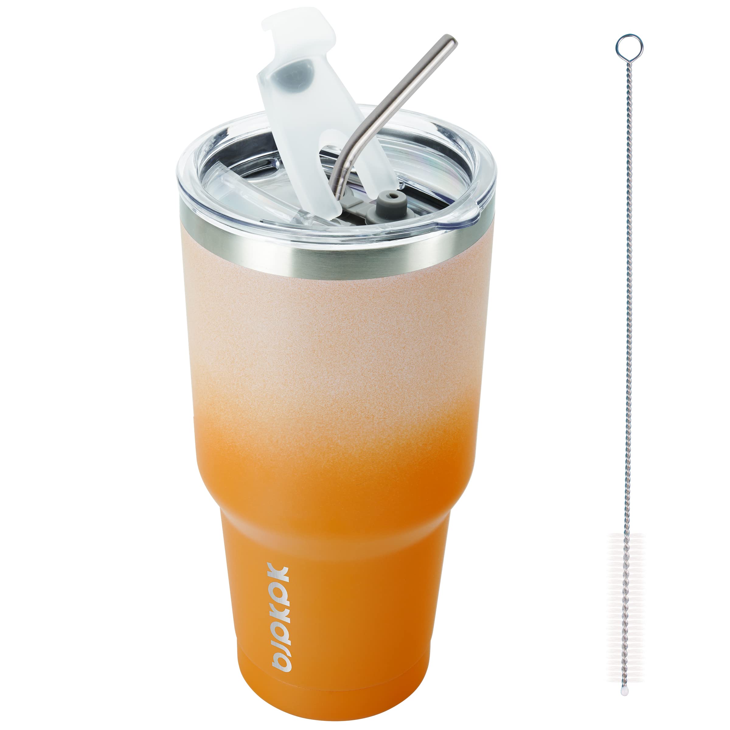 BJPKPK 30oz insulated tumbler in coral with powder coat keeps beverages hot or cold.