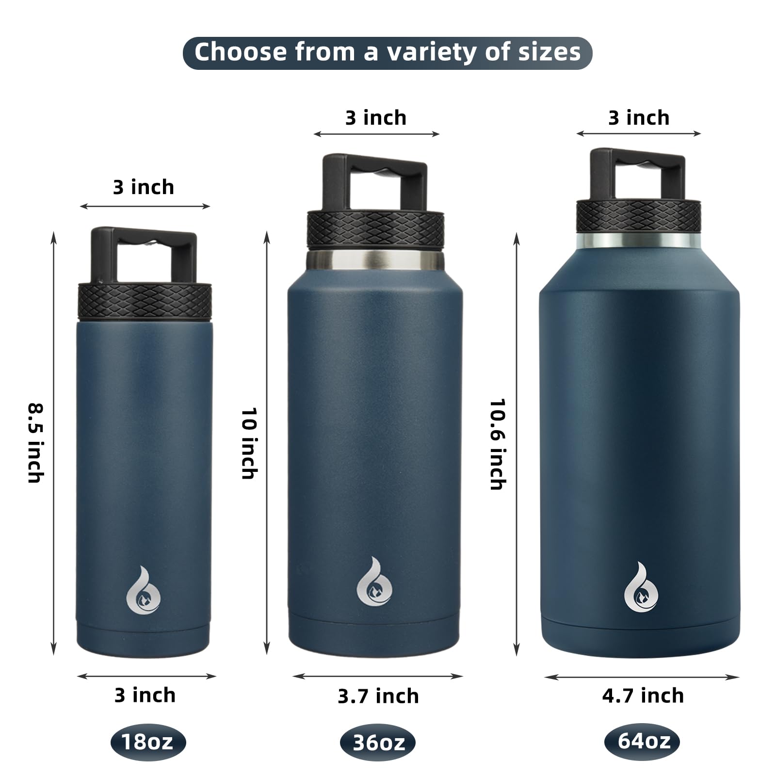 BJPKPK half gallon water bottle navy blue handle demonstrates easy portability