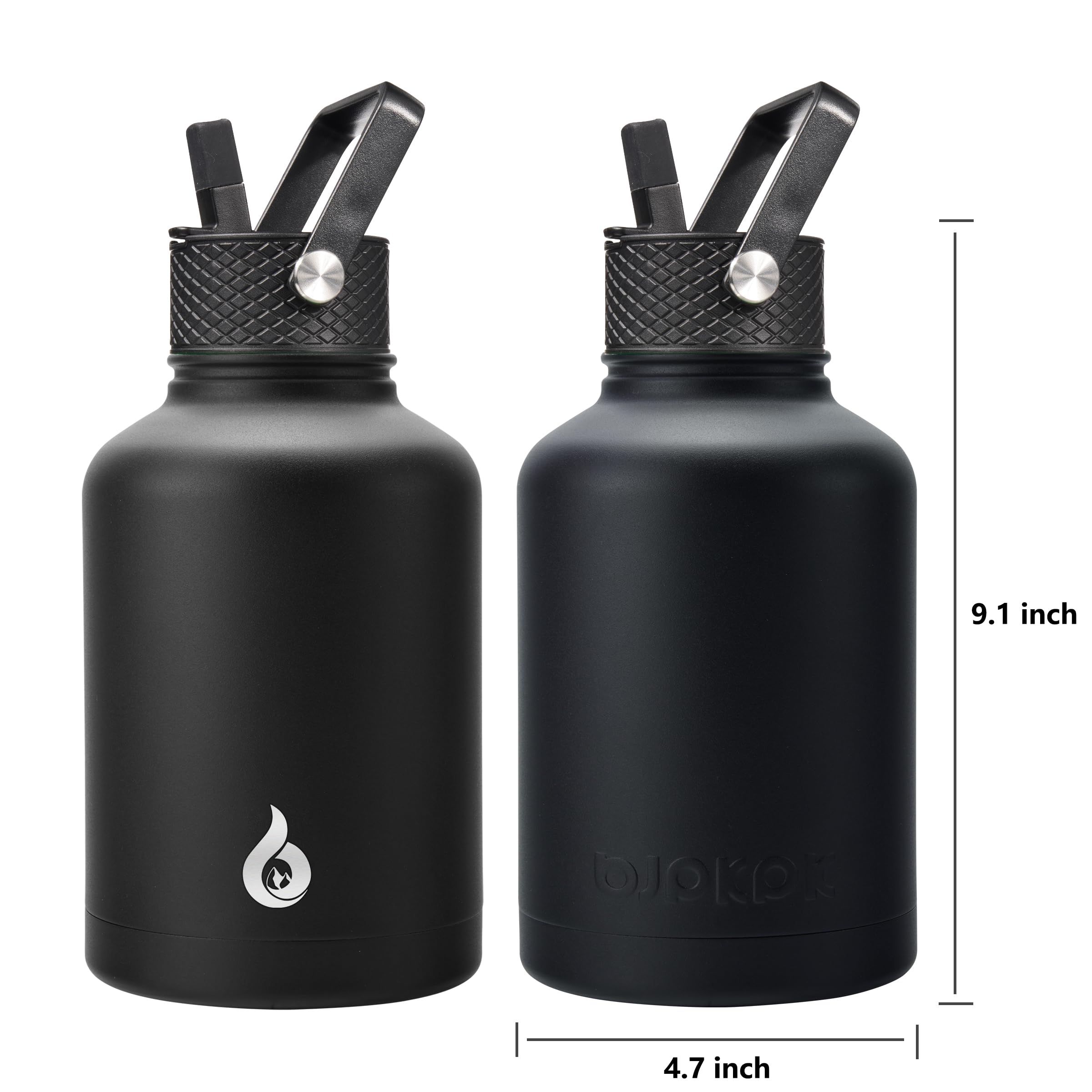 BJPKPK insulated bottle with three lids suited for varied on-the-go scenarios.