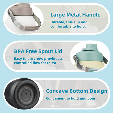 BJPKPK bottle with metal handle and spout lid for easy pouring.