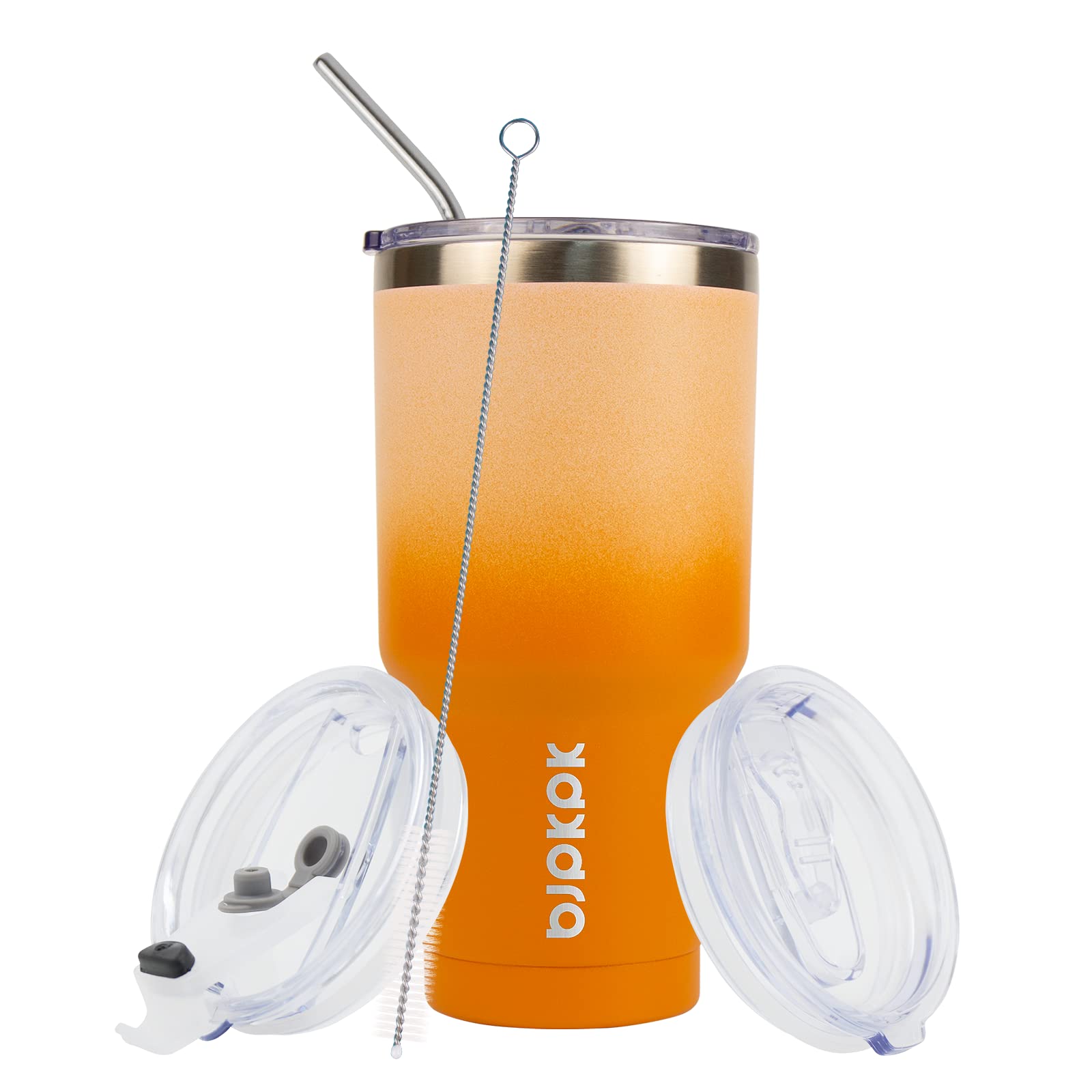 BJPKPK splashproof lid on coral tumbler for spill-free travel.