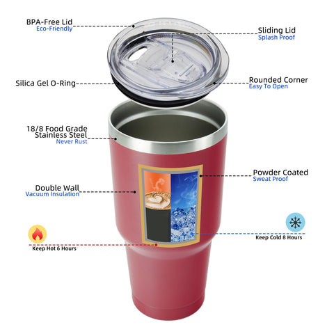 Stainless steel tumbler with powder-coated finish keeps surfaces dry
