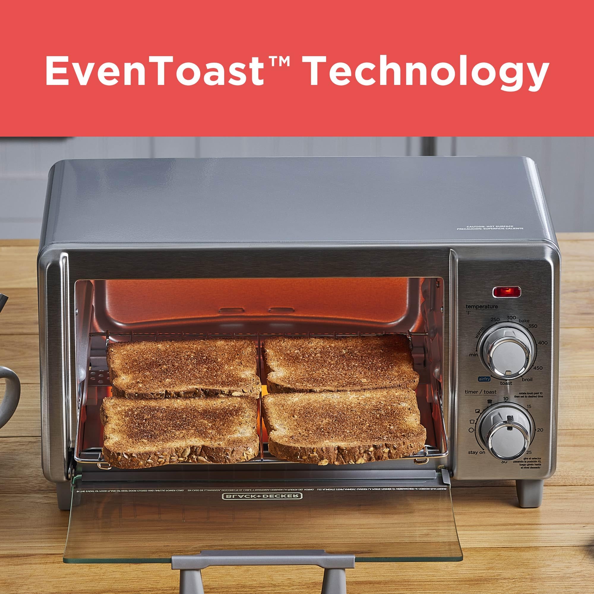 BLACK+DECKER 9-inch pizza capacity image demonstrates room for family snacks.