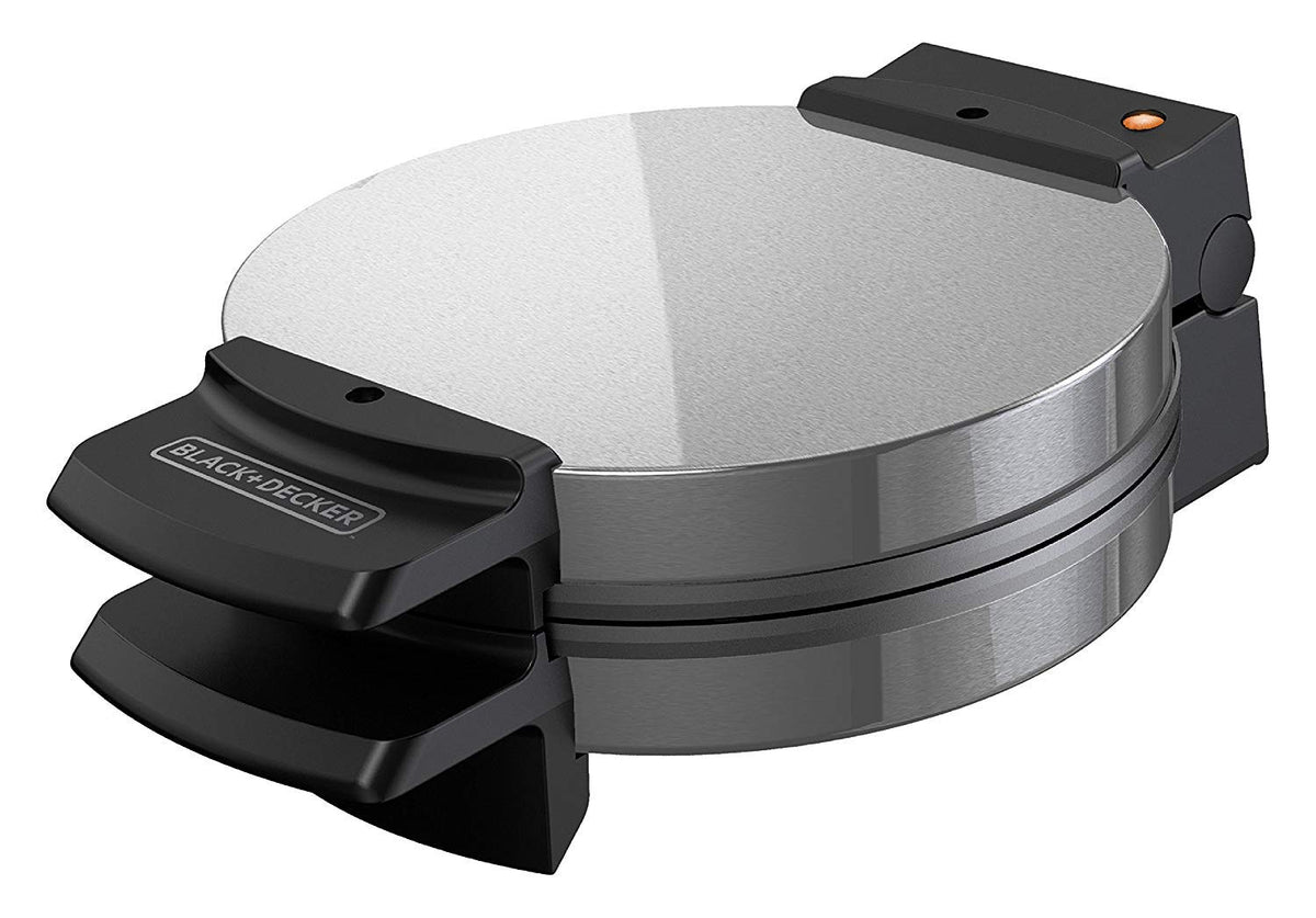 Black+Decker WMB500 waffle maker top view showing chrome housing and safety handle