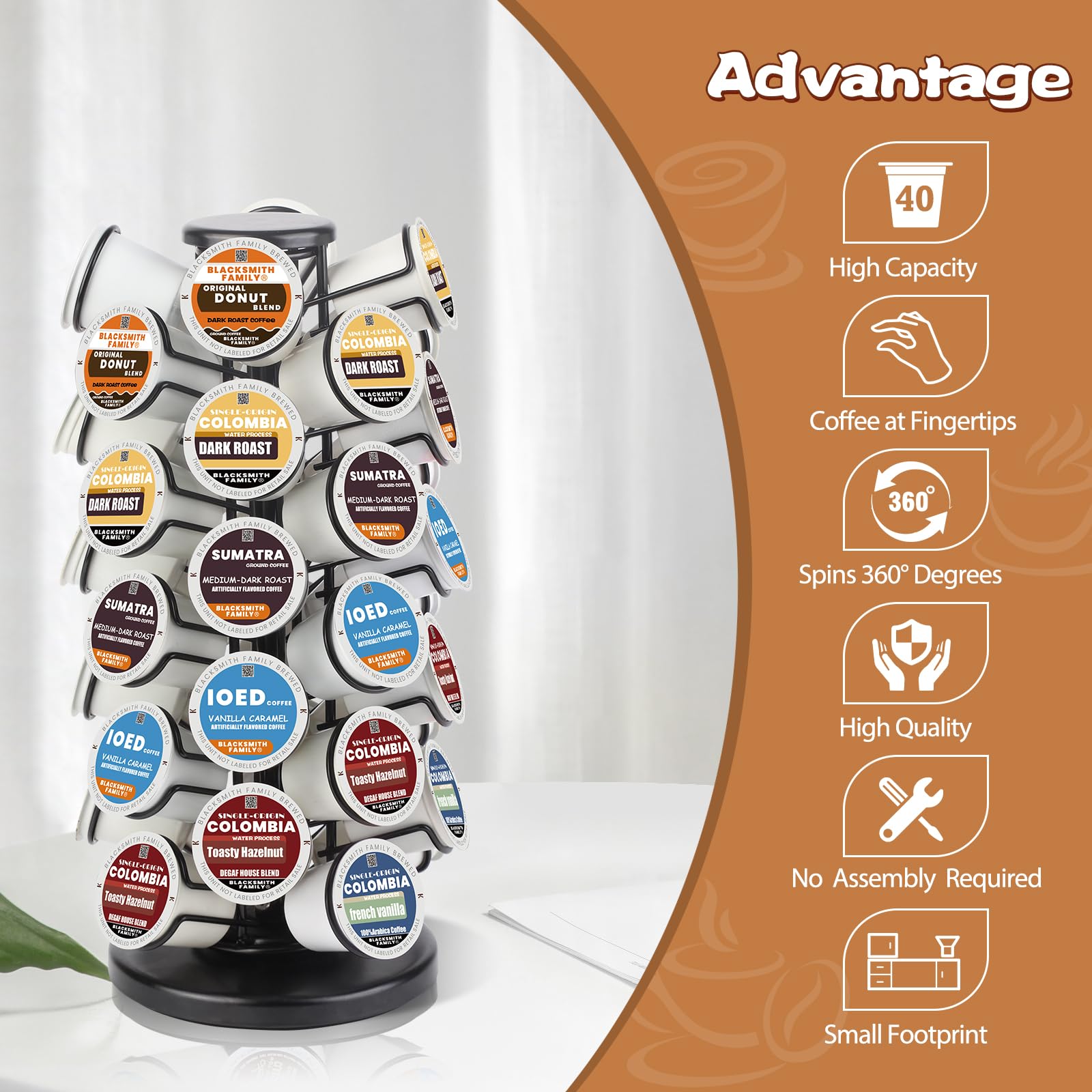BLACKSMITH FAMILY K Cup Carousel with 360-degree base easily reaches any pod.
