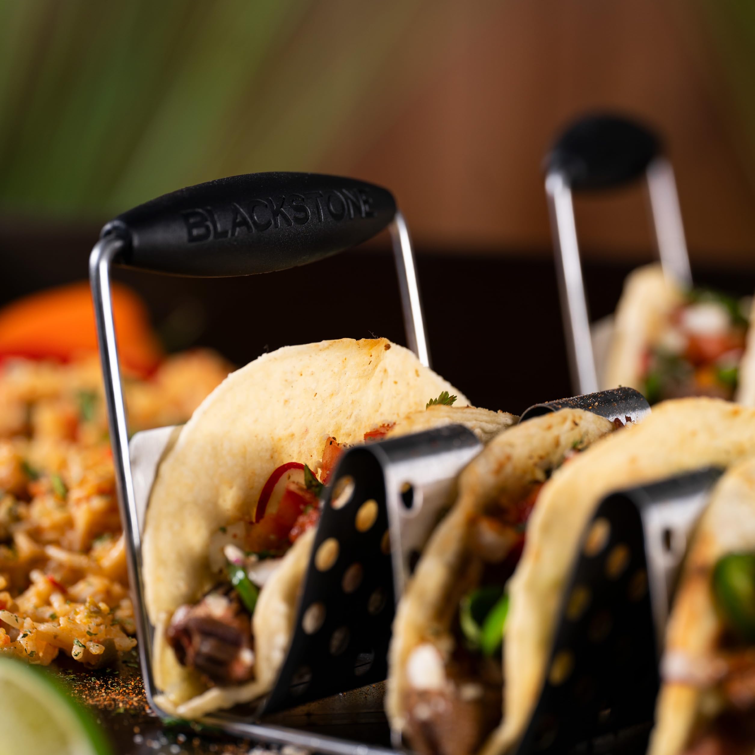 BLACKSTONE two-pack taco stands keep tacos upright and mess-free.