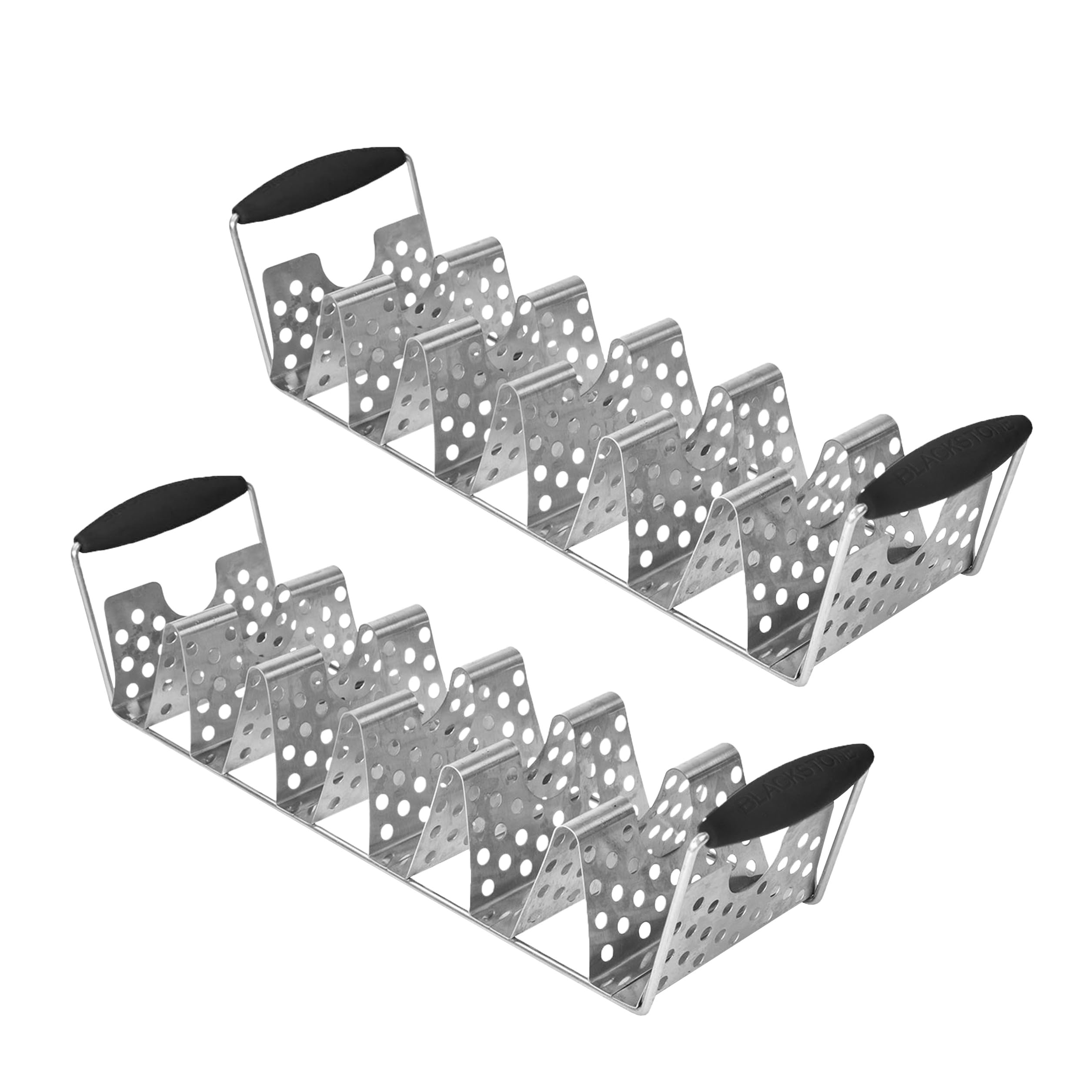 BLACKSTONE deluxe taco rack holds six tacos in a stainless steel frame.