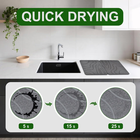 Blaithom stone drying mat with dishes setup on kitchen counter.