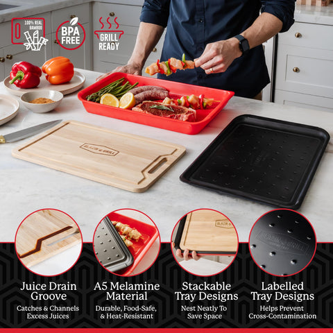 BLAZIN' GRILL black serving tray frames plated dishes after cooking.