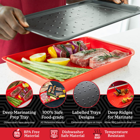 BLAZIN' GRILL bottom marinating tray keeps raw juices contained for safe prep.