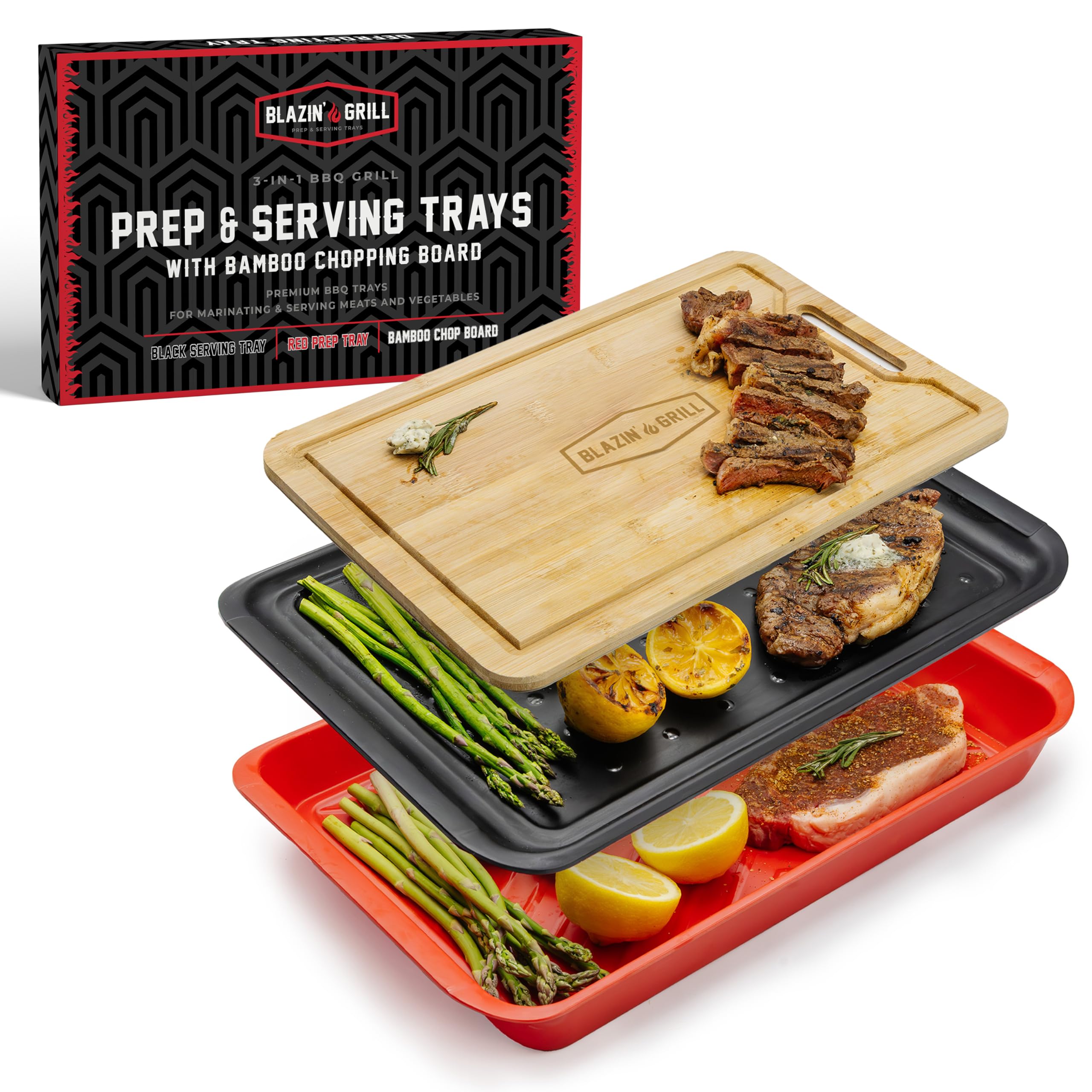 BLAZIN' GRILL prep trays stackable trio for easy meal prep and serving.