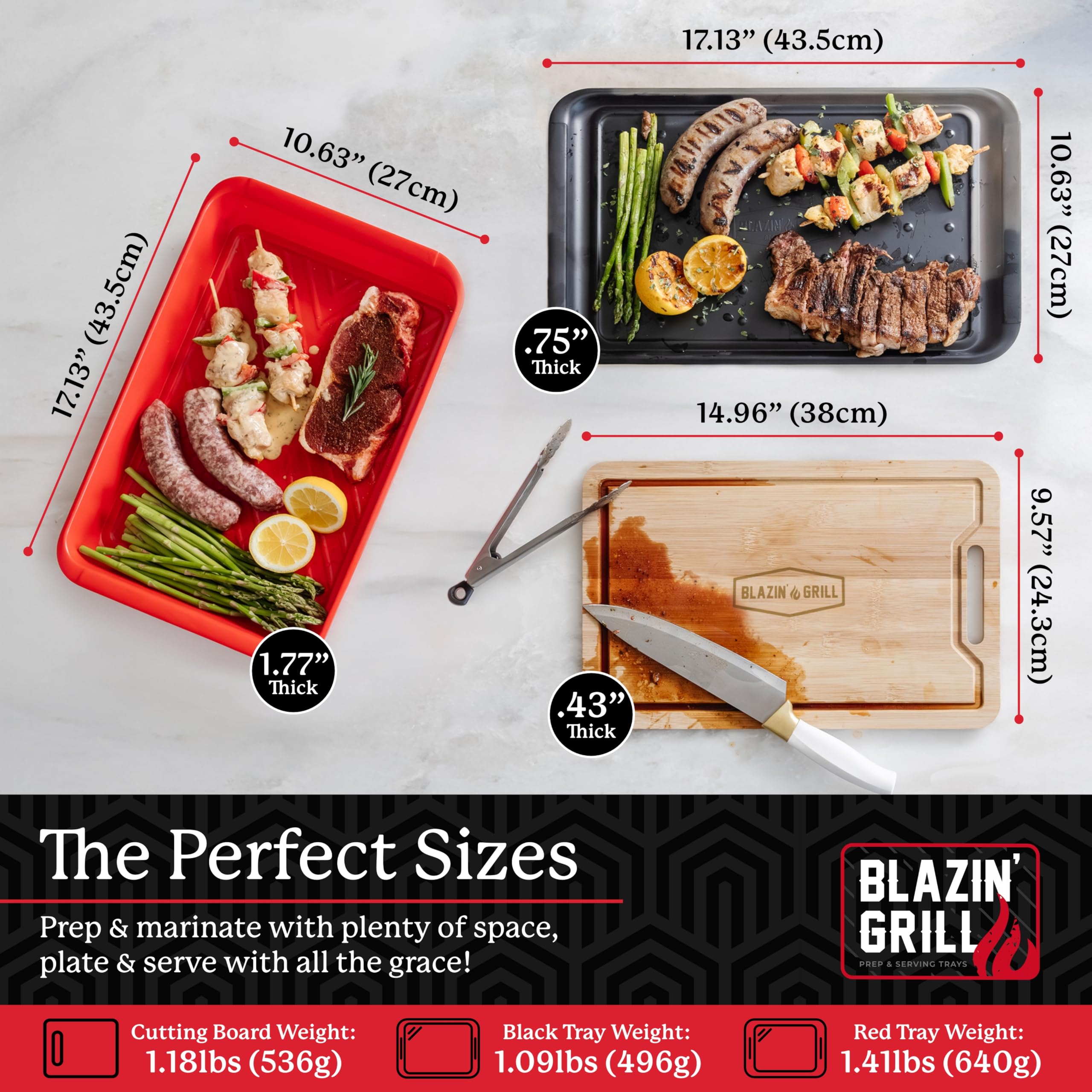 BLAZIN' GRILL red raw-food tray highlights cross-contamination awareness during prep.