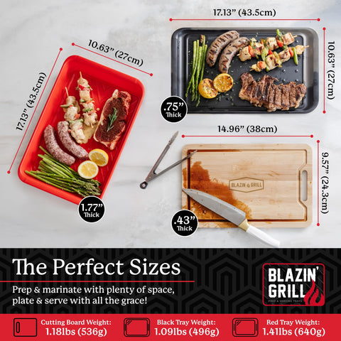 BLAZIN' GRILL red raw-food tray highlights cross-contamination awareness during prep.