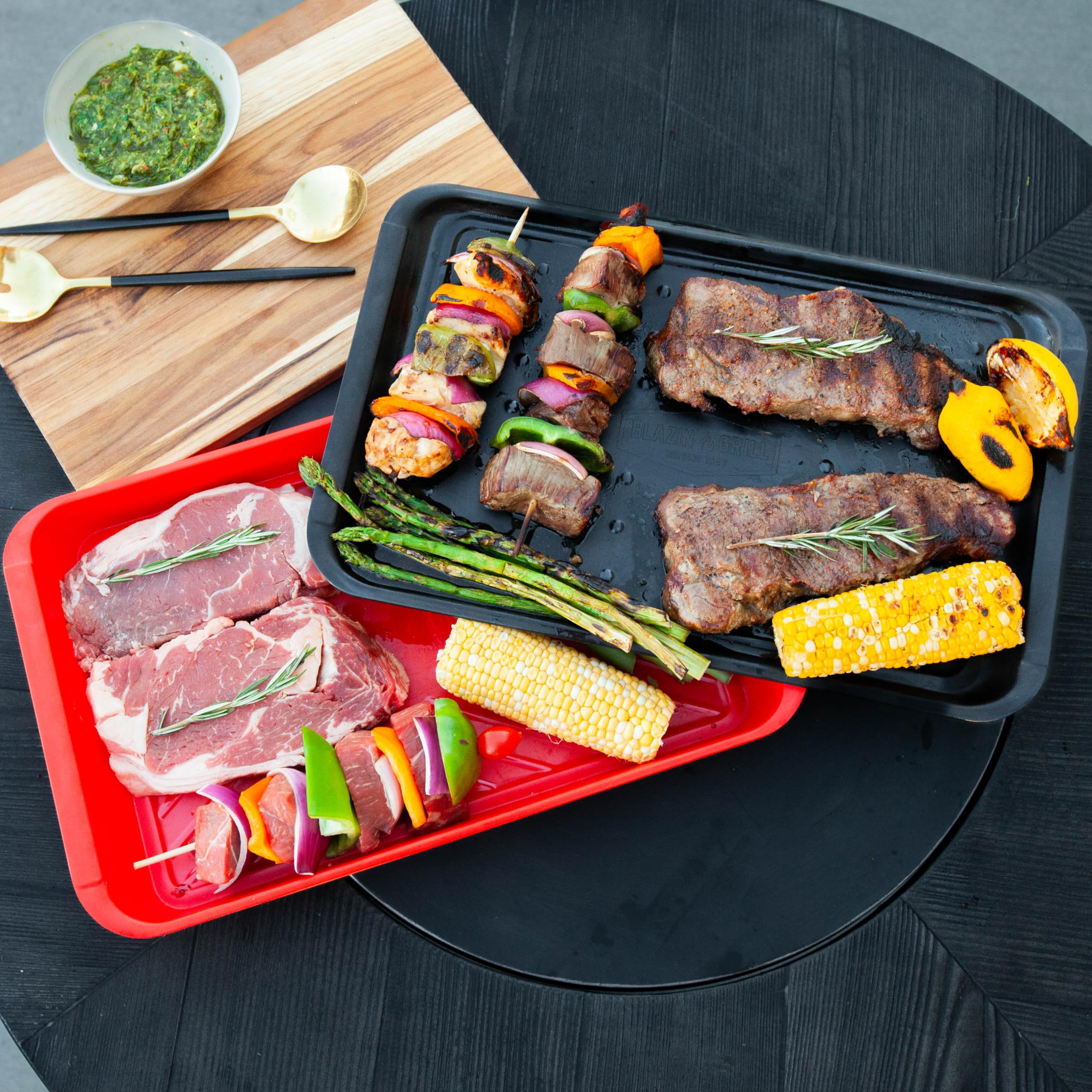 BLAZIN' GRILL serving-and-prep trays simplify plating during backyard cookouts.