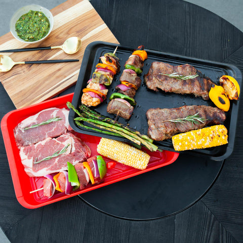 BLAZIN' GRILL serving-and-prep trays simplify plating during backyard cookouts.