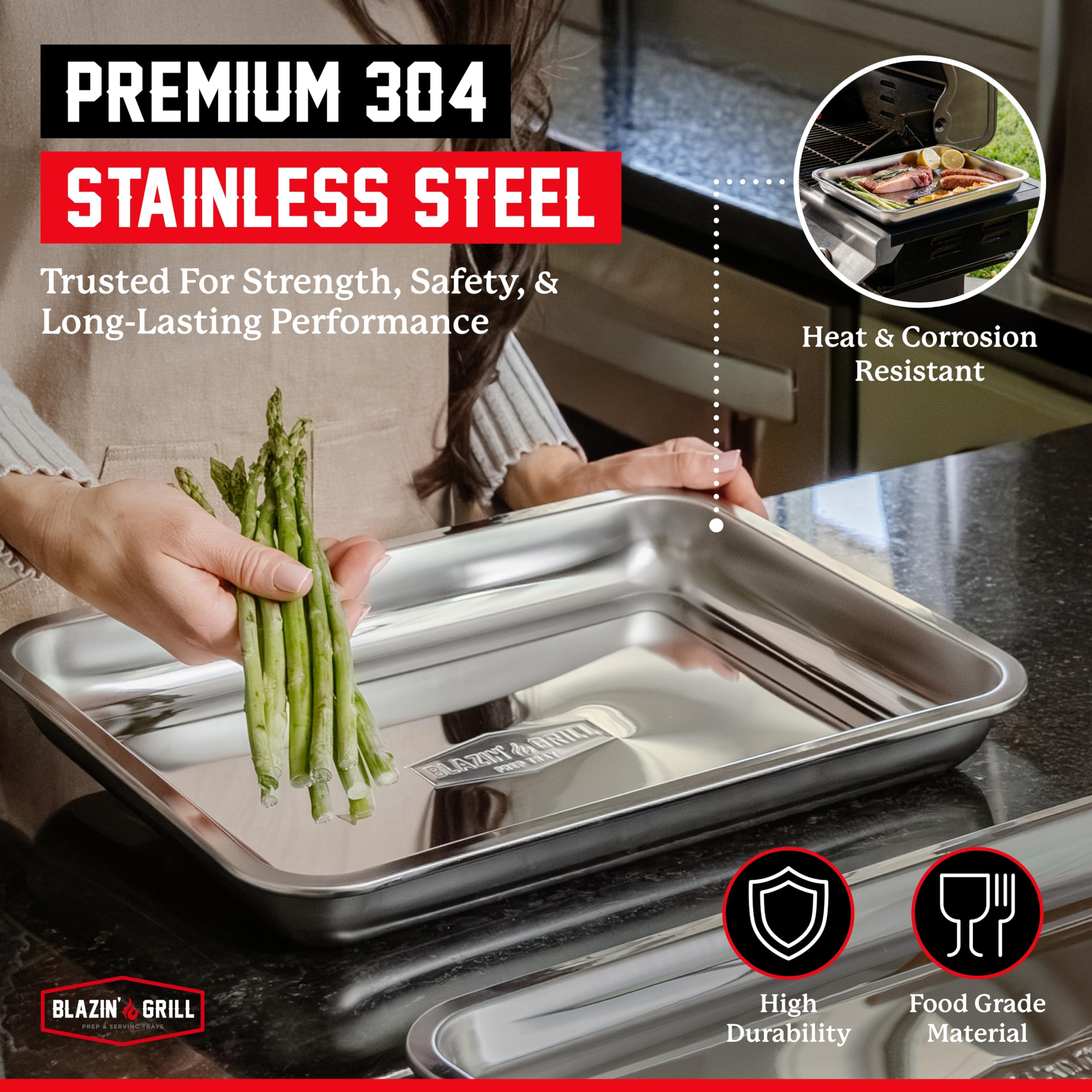 Blazin' Grill trays feature handles and weighted balance for easy transport.