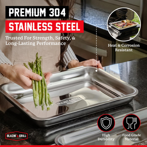 Blazin' Grill trays feature handles and weighted balance for easy transport.