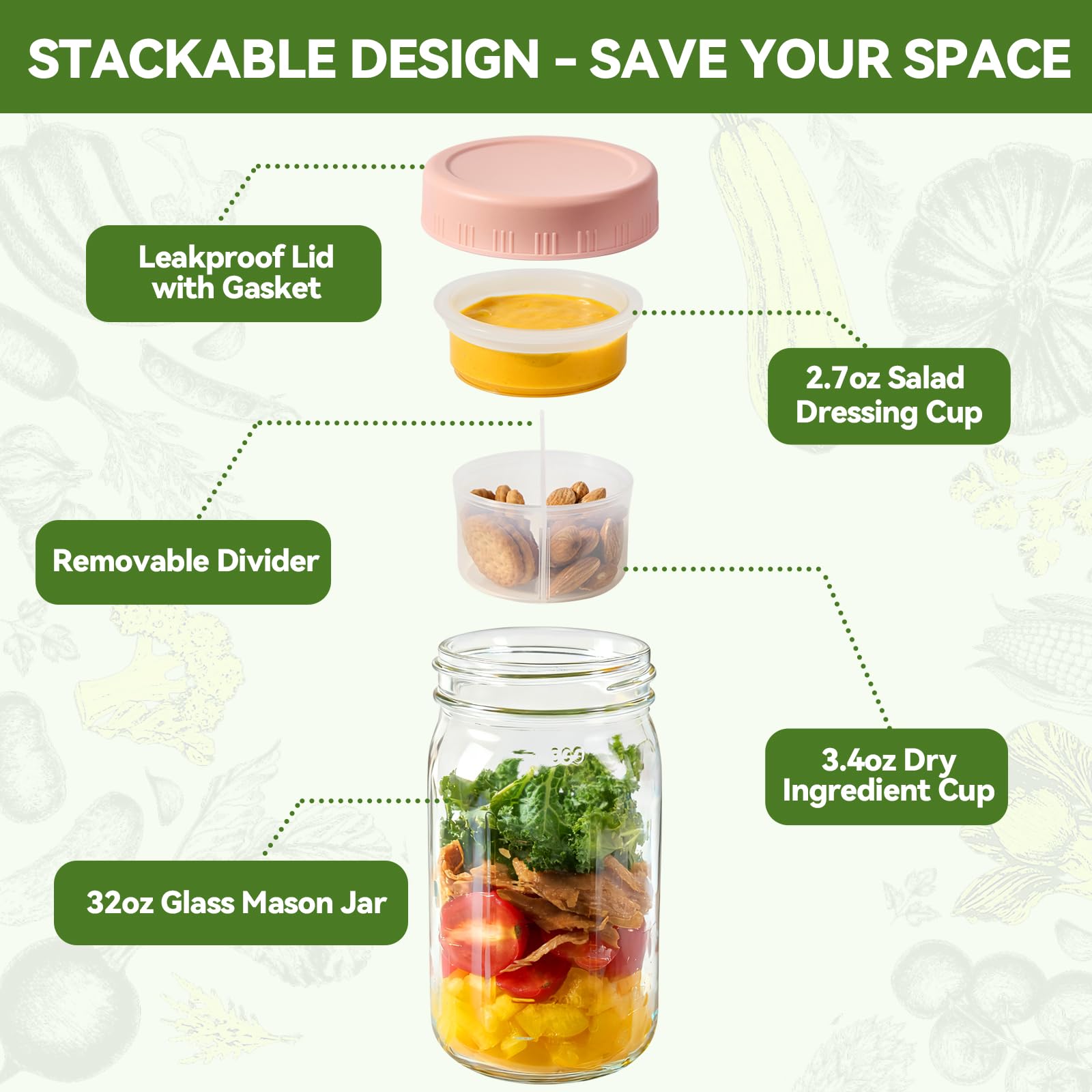 Blazpath Salad Pod Mason Jar removable divider for customizable meals.