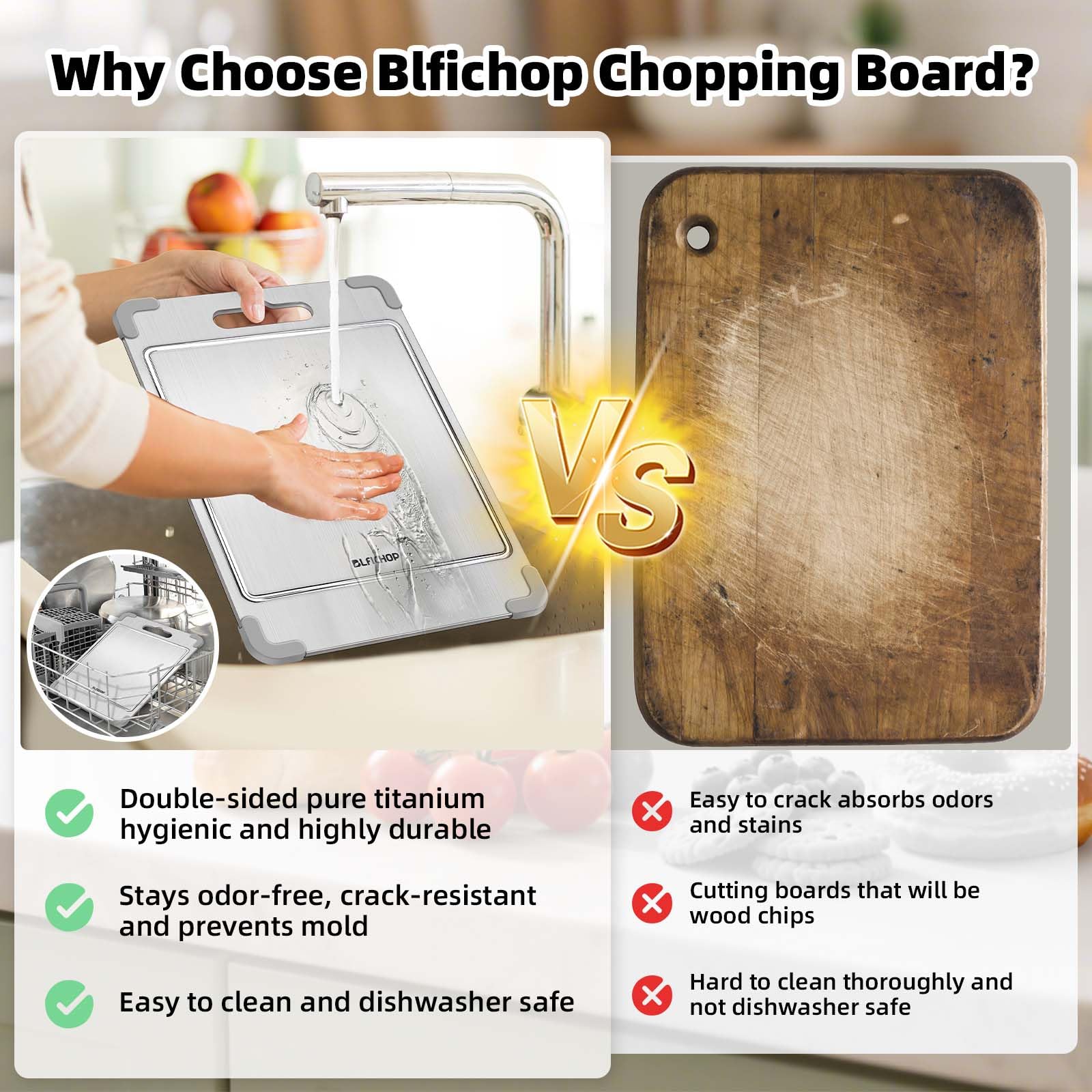 Blfichop dishwasher-safe cutting board for easy cleaning after cooking.