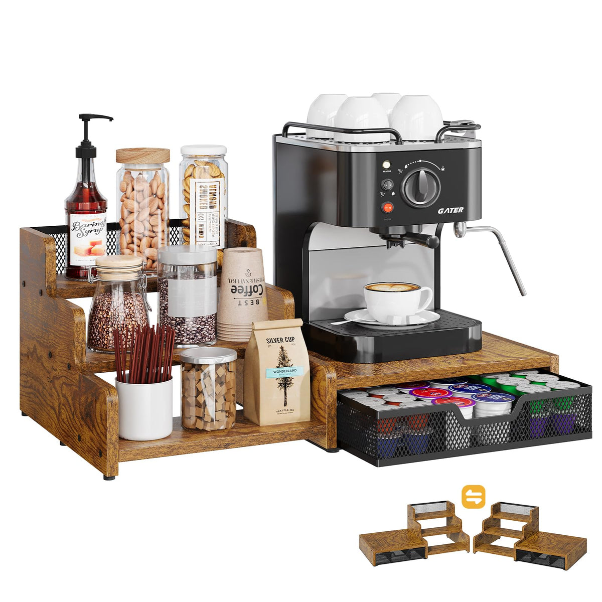 Bliesosfud coffee station organizer top shelf keeps the coffee maker within easy reach.