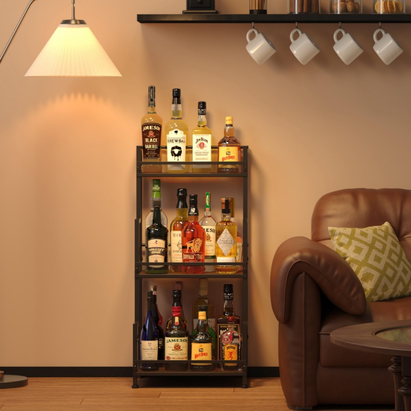 Bliesosfud liquor stand with fence protection securely holds bottles on display.