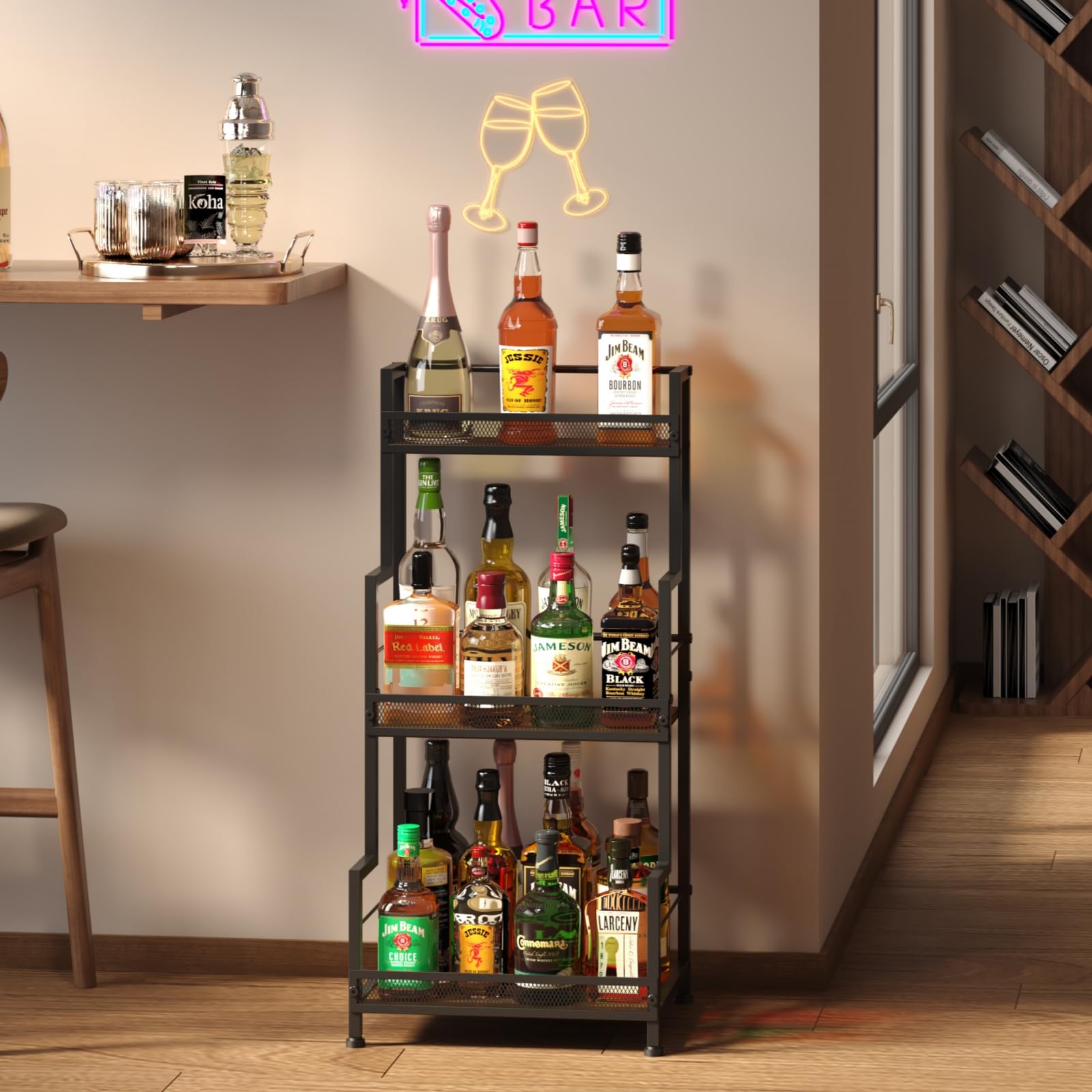 Bliesosfud metal and wood construction blends durability with a refined home bar look.