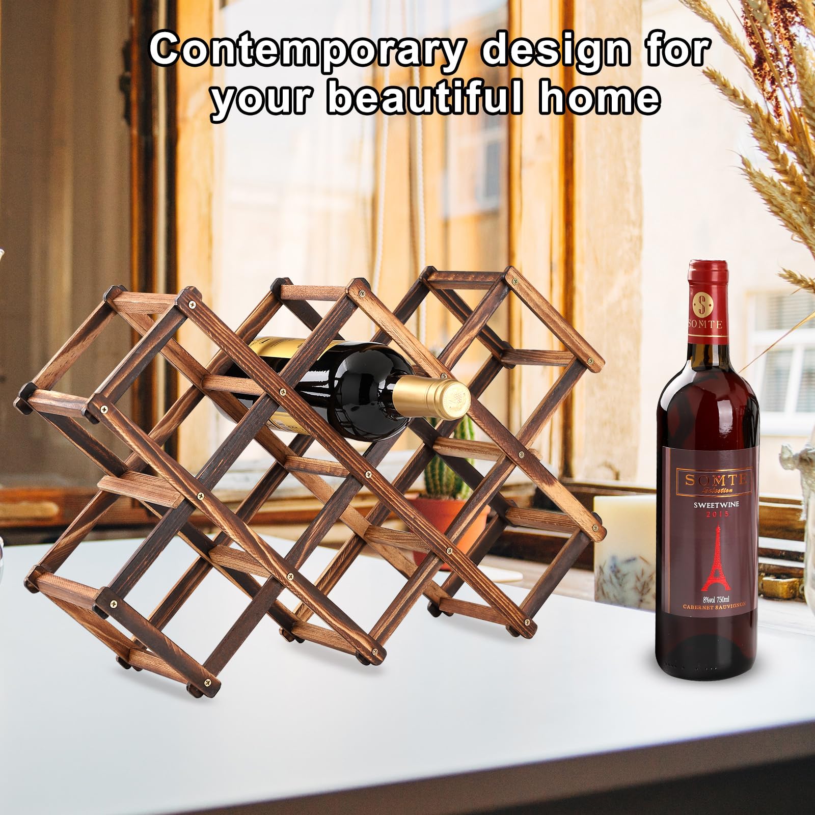BlissfulScape countertop storage for wine, water bottles, and more.