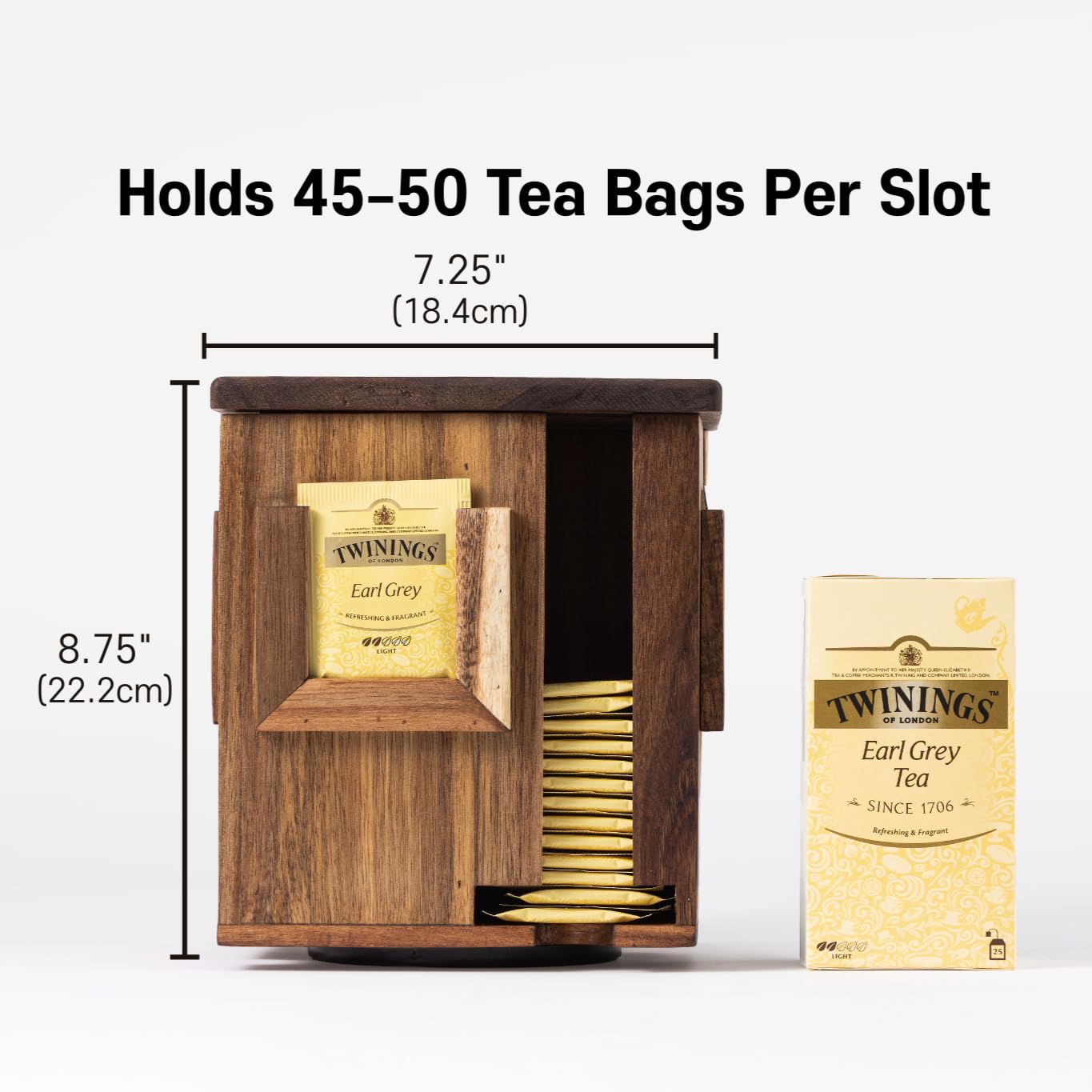 Blissli acacia wood tea organizer highlighting rotation for easy selection.