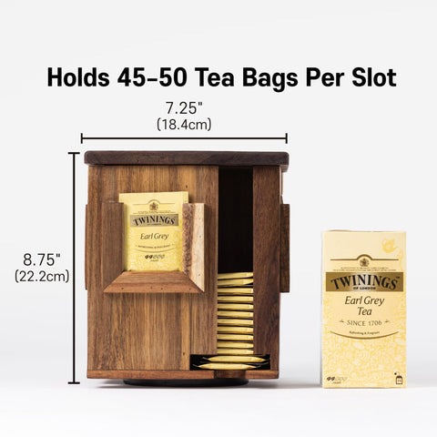 Blissli acacia wood tea organizer highlighting rotation for easy selection.